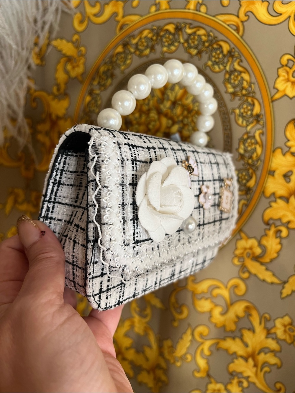 Top Handle pearl white black tweed lace Camellia flower mini bag purse n5 - Picture 2 of 13